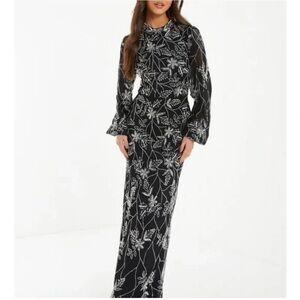 Elegant Black and Silver Floral Maxi Dress